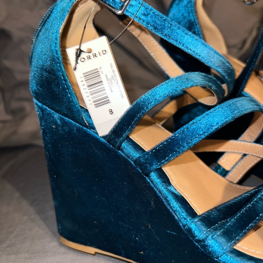 Teal Velvet strappy platform wedge